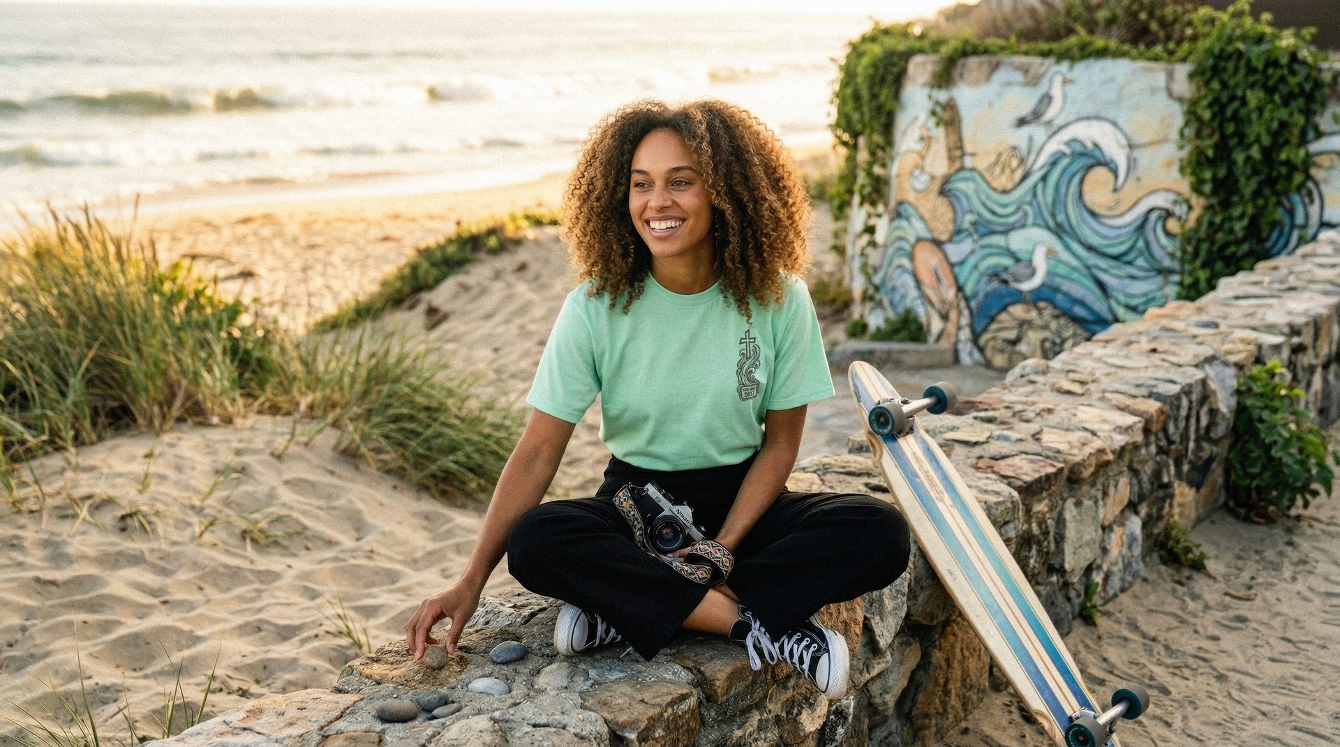 Zara sitting on a wall wearing EverSince apparel — effortless lifestyle